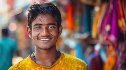 Obraz premium A young Indian man's smile reflecting the beauty of his surroundings, 