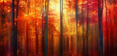 Fiery reds, oranges, and golds dance in an autumn woodland abstraction.