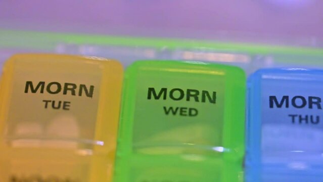 Macro of 1 week of prescriptions organized in an organizer by day and color