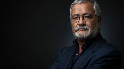 Fototapeta premium A man in white beard and glasses poses, arms crossed, gazing into the camera