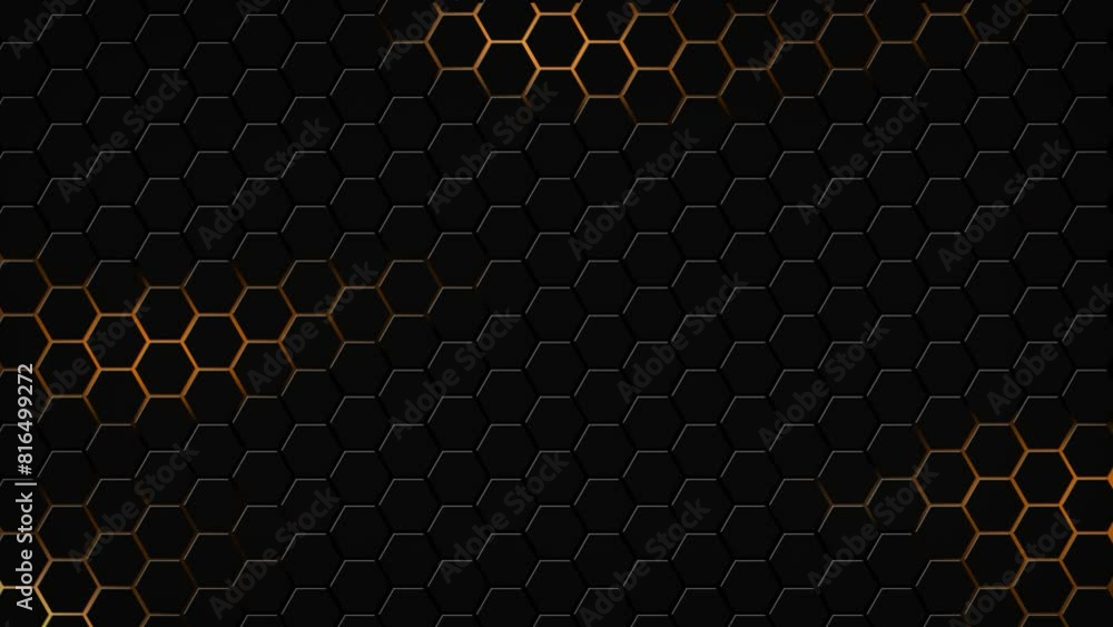 Poster dark hexagon geometry glowing tiles 3d animation neon led luminance light shapes cyber digital patte