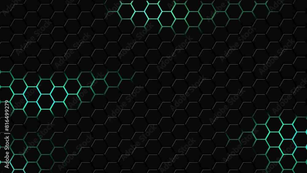 Poster dark hexagon geometry glowing tiles 3d animation neon led luminance light shapes cyber digital patte