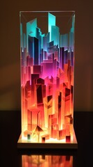 Crystal city skyline at twilight, prismatic towers, reflected light, geometric papercraft, papercut 3D style