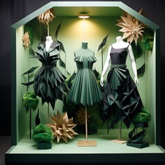 Ecofriendly fashion display, sustainable materials, green chic, conscious fashion papercraft style