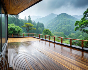 A minimalist wooden deck overlooking a Japanese landscape, under a light rain
