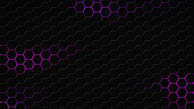 Dark hexagon geometry glowing tiles 3D animation neon LED luminance light shapes cyber digital pattern technology background color dark pink purple
