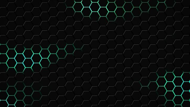 Dark hexagon geometry glowing tiles 3D animation neon LED luminance light shapes cyber digital pattern technology background color dark teal aqua