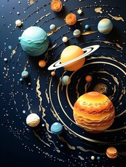 Solar system model, planets orbiting the sun, cosmic education, papercut style, 3D