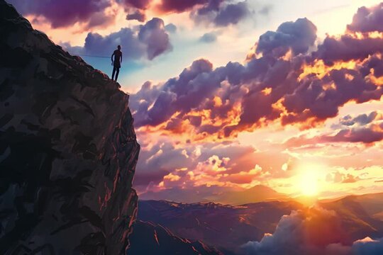 A rear view of a daredevil rock climber ascending a sheer cliff at sunset, capturing the essence of extreme sports in vibrant, dynamic colors