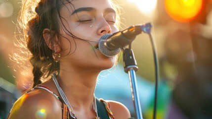 beautiful young rock singer On the concert stage 