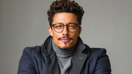 Obraz premium A man in glasses and coat gazes seriously at the camera against a gray backdrop