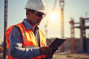 Engineer use digital tablet to manage system at construction site