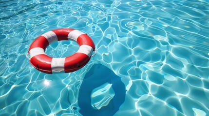 A red and white life preserver floating on the surface of a clear blue pool of water 