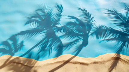 Aesthetic background with palm leaf and shadows on blue wall. Summer concept. Banner for product presentation