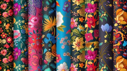 Colorful Seamless Textile Designs with Floral and Geometric Patterns