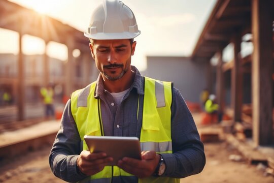 Engineer use digital tablet to manage system at construction site