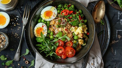 Fried rice topped with abundant vegetables and soft boiled eggs