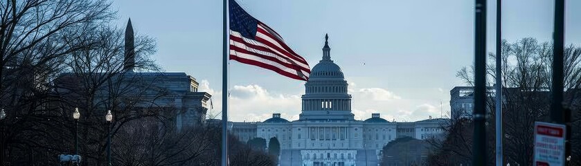  A photo of the American flag flying at half - mast, with the Capitol Building in the background