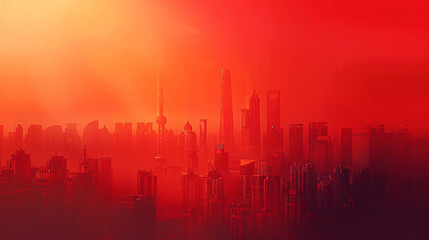 The red silhouette of modern Chinese urban architecture
