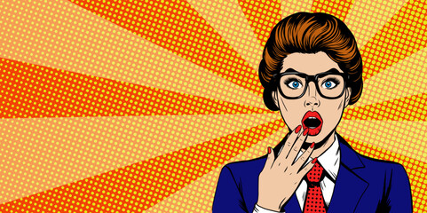 Pop art girl with OMG looking wow covered mouth. Surprised woman with open mouth on yellow vintage background with dots. Wow face emotion. Vector banner template with copy space for text. © Julisart