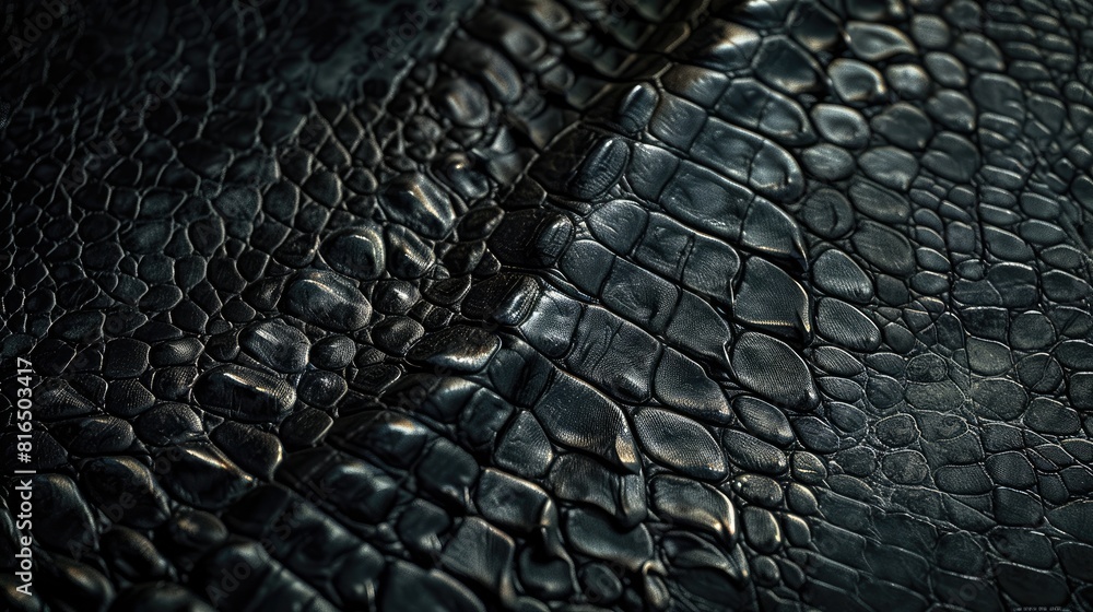 Poster close up of embossed reptile skin texture in black color on genuine leather background natural backd