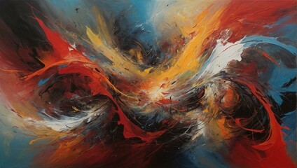 Vibrant abstract painting with dynamic swirling colors and textures
