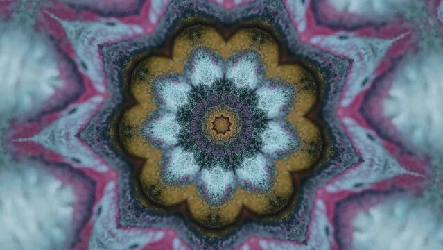 Lotus mandala. Floral kaleidoscope. Defocused blue pink golden color shiny glitter texture ink flow motion round symmetrical flower ornament abstract art background.