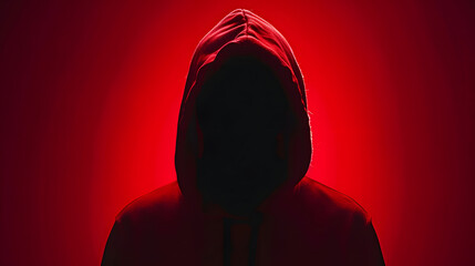 Silhouette af man without face in hood on a red background Anonymous crime concept : Generative AI