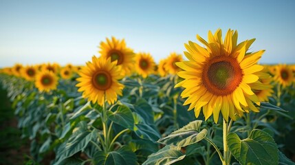 Obraz premium A sunflower field set against a clear blue sky, with sunflowers stretching into the distance