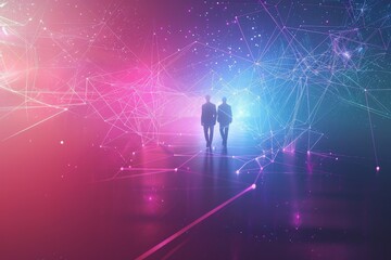 Humans linked by ethereal, luminous threads representing connectivity and communication, AI generated
