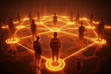 Humans linked by ethereal, luminous threads representing connectivity and communication, AI generated