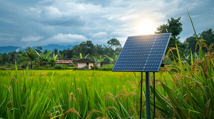 Electric light solar panel plate with park LED lamp at the rural rice field, Thailand