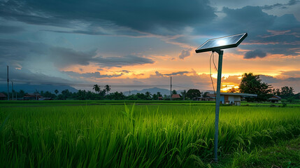 Electric light solar panel plate with park LED lamp at the rural rice field, Thailand