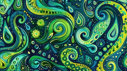 Abstract Waves and Paisley Dreams Seamless Pattern with Vibrant Green and Blue Colors