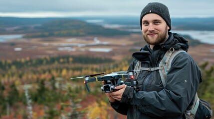 The picture of the professional drone photographer holding the drone that has been surrounded with nature landscape under sunlight, the drone photographer require much experience with drone. AIG43.