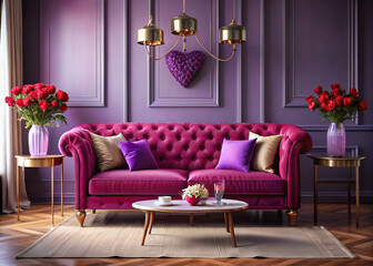 A stylish interior design featuring a luxurious purple sofa complemented by viva magenta, pink, and red accents, perfect for a Valentine's Day theme.