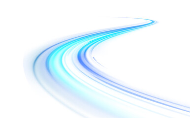 PNG. Visualization of large data traffic, dynamic high speed data flow in the form of neon line of various shapes: stripe, zigzag, arc and curve. Expressway, the effect of car headlights.  © ANATOLII