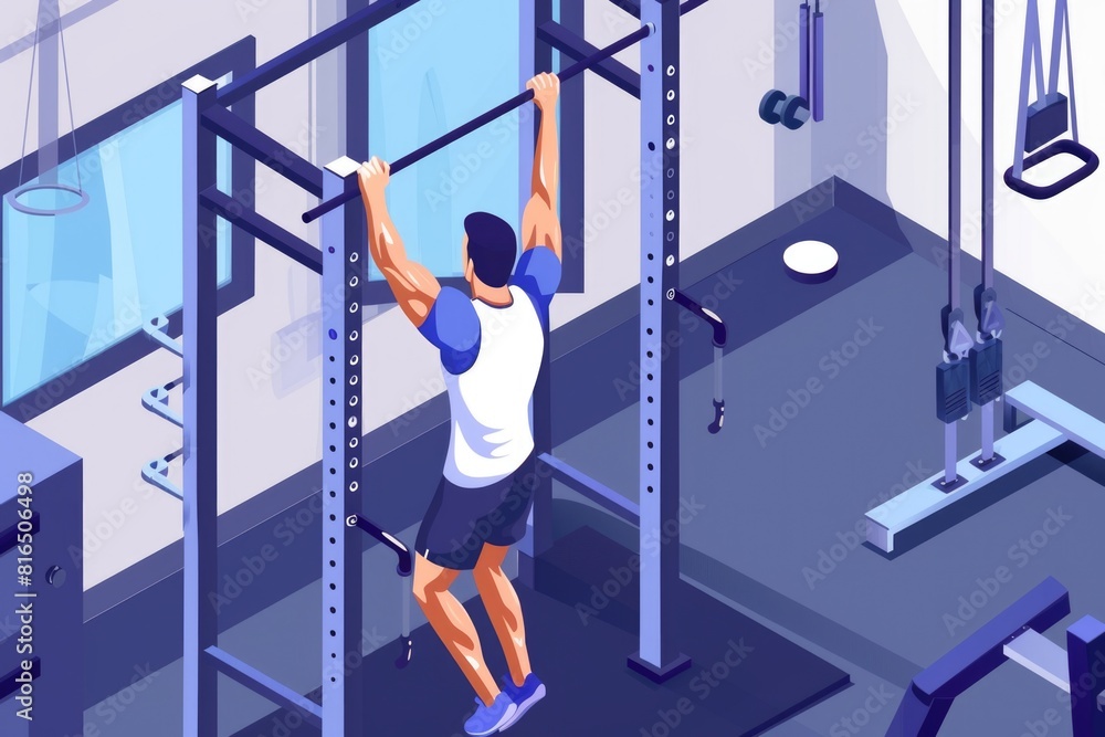 Poster man performing pull up exercise in a gym, suitable for fitness and workout concepts