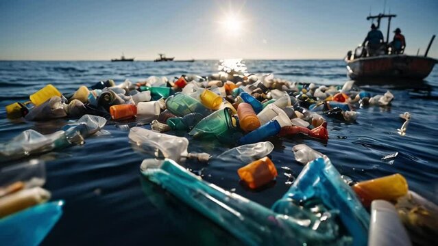 Plastic waste floating in the ocean with a blurred fishing boat and blue sky in the background.