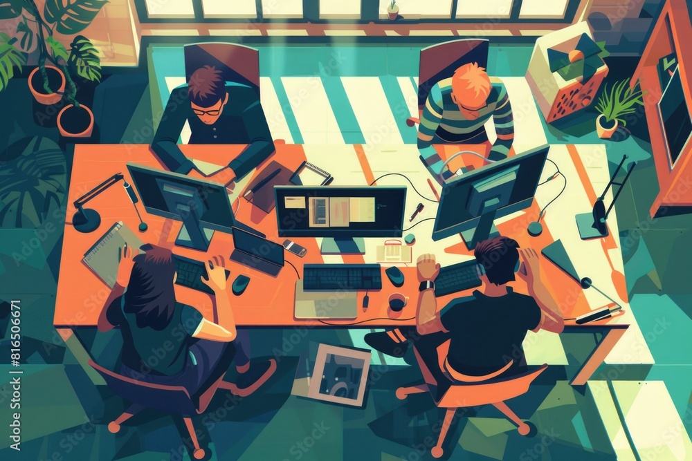 Poster A group of people sitting at a table with computers. Suitable for business or teamwork concepts