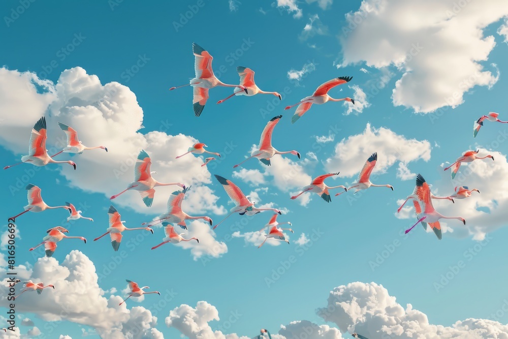 Poster a flock of flamingos flying in the sky, perfect for nature and wildlife concepts