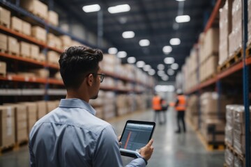 Warehouse worker use digital tablet to manage shipping package