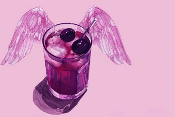 A drink with cherries in a glass with wings. Perfect for summer menus and cocktail recipes