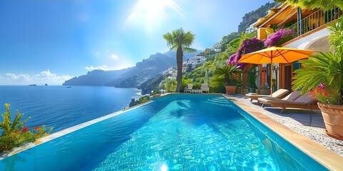 Luxurious villa on Amalfi Coast with panoramic sea views and cliffside terraces. Concept Luxury Villa, Amalfi Coast, Panoramic Sea Views, Cliffside Terraces