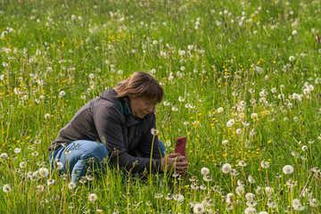 A middle-aged woman enjoys nature. Walk through a field with green grass. She sat down and took...