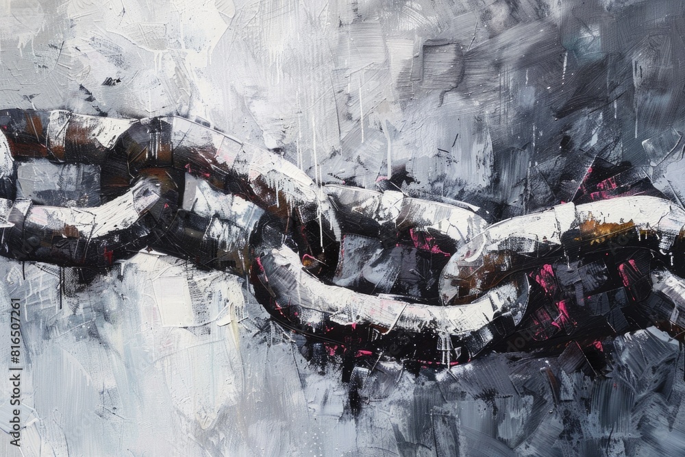 Poster Detailed painting of a long chain of interconnected chains. Suitable for industrial or abstract concepts