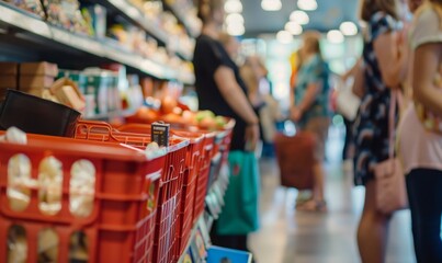 people in supermarket to buy some product. choosing in the product aisle.