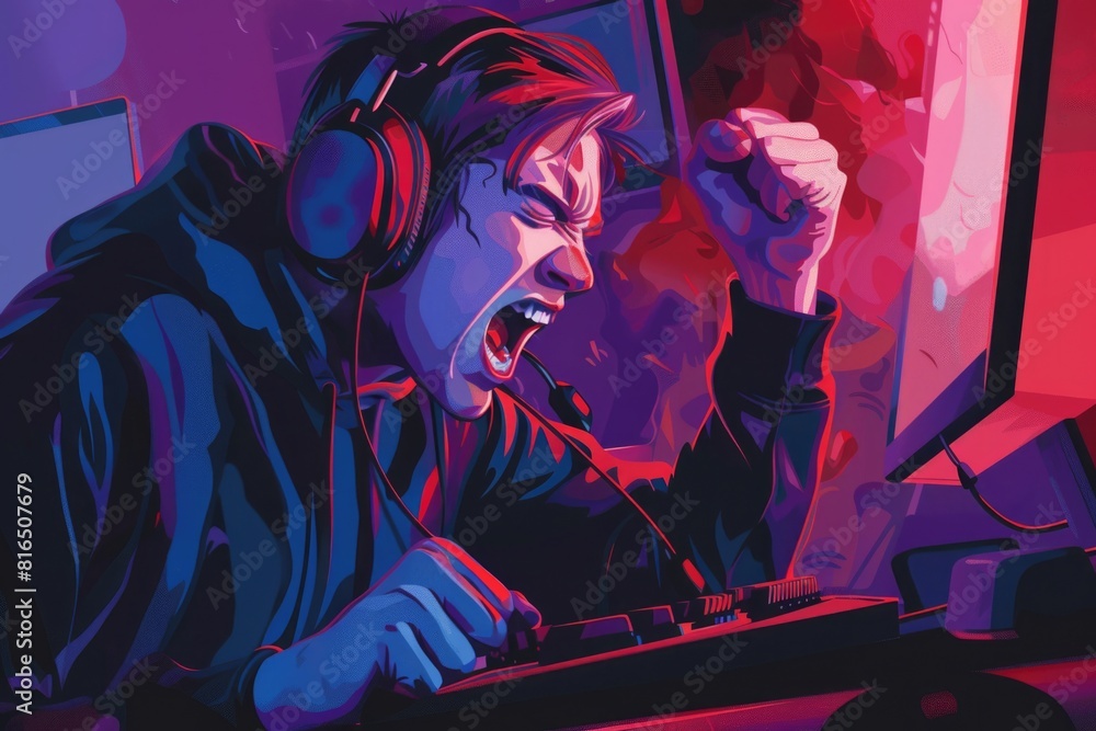 Poster a man immersed in playing a video game with headphones. suitable for technology and gaming concepts