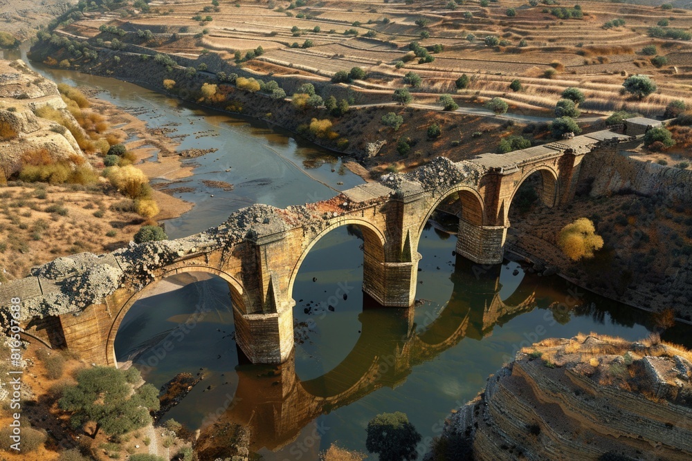Poster aerial view of a bridge over a river, suitable for travel or infrastructure concepts