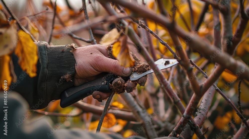 Poster a person using scissors to cut branches, suitable for gardening projects